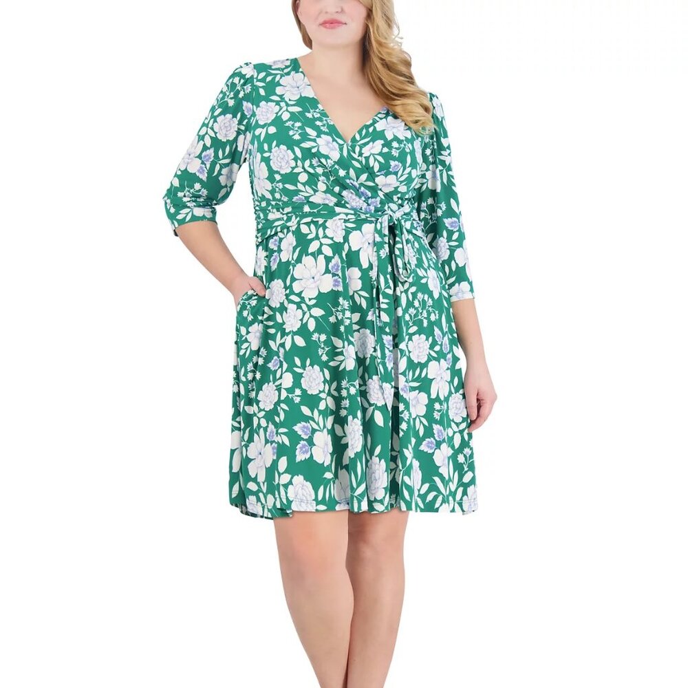Jessica Howard Plus Size Faux wrap Floral-Print 3/4-Sleeve Dress with pocket 20W